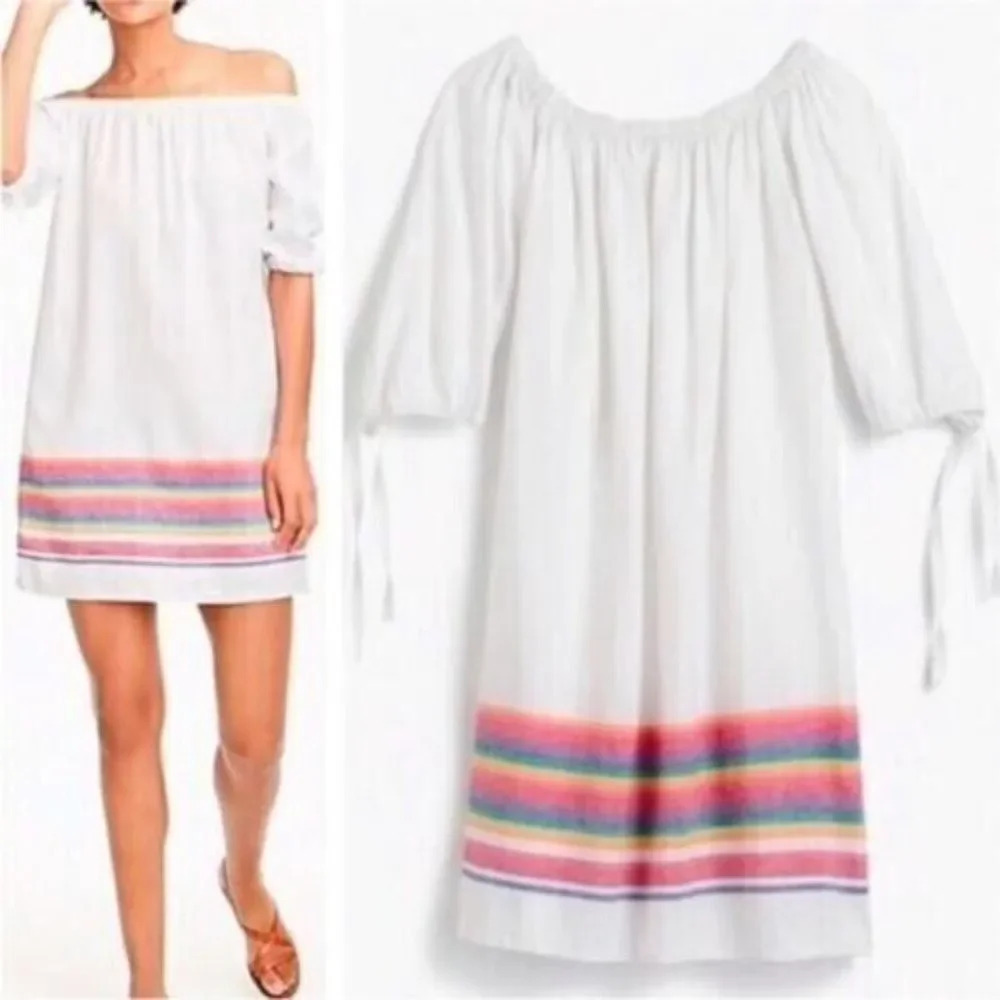 J Crew Linen Mini Dress White Rainbow Stripe Off Shoulder Size XS